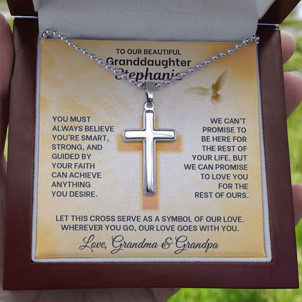 "GUIDED BY FAITH" CROSS NECKLACE WITH PERSONALIZED CARD